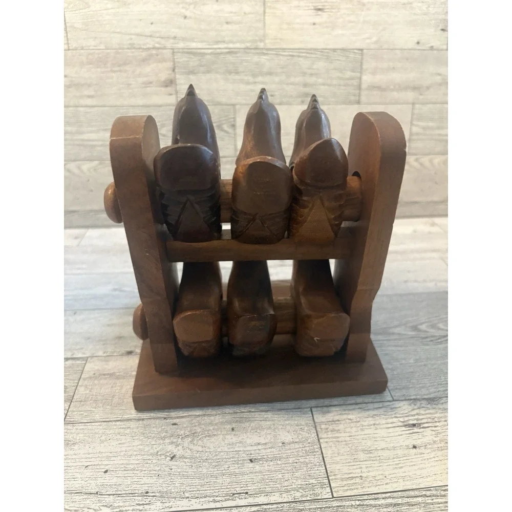 Carved Wood Chicken Napkin Rings Set w/ Holder Stand, Brown, 6 Rings
